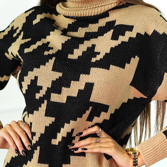 CAMEL & BLACK DOGTOOTH PRINT SWEATER DRESS - Picture 9 of 10